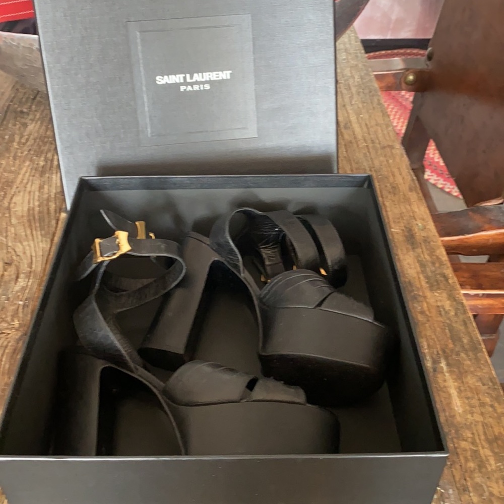 YSL Saint Laurent Black Leather Double Strap Gold Buckle Platform Sandals